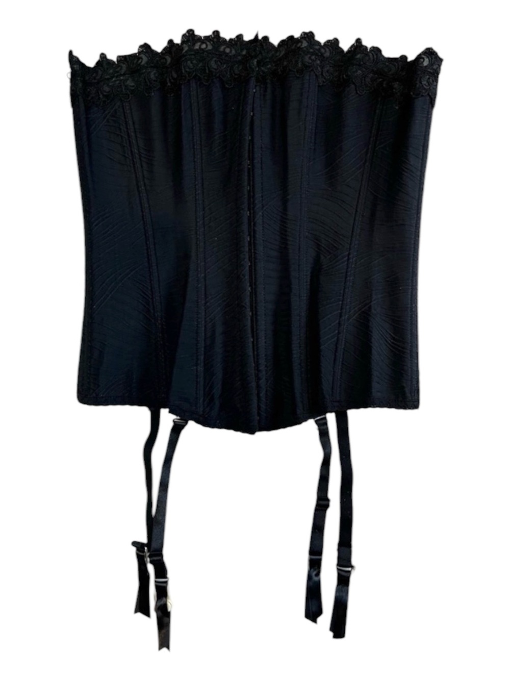 Grenier Black Satin Corset Size 34 Lace Trim Boned Bustier Garter Strap Lingerie